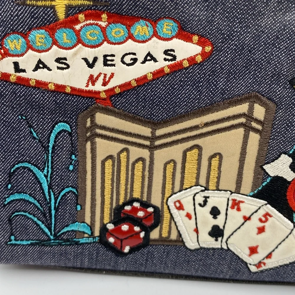 Frankie & Johnnie Vegas Embroidered Denim Makeup Case‎ Clutch Bag